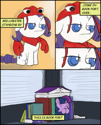 Size: 738x913 | Tagged: safe, artist:valcron, rarity, twilight sparkle, lobster, pony, unicorn, g4, book, book fort, comic, disguise, dog fort, filly, fort, fortress, parody, ponified, red lobster, younger