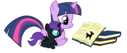 Size: 2031x864 | Tagged: safe, artist:bronyboy, twilight sparkle, oc, oc:nyx, alicorn, pony, fanfic:past sins, g4, book, filly, like mother like daughter, like parent like child, mother and daughter, ponyloaf, simple background, transparent background