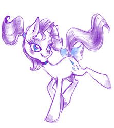 Size: 423x476 | Tagged: dead source, safe, artist:glitzy-gems, rarity, pony, unicorn, g4, alternate hairstyle, bow, choker, female, horn, mare, ponytail, smiling, solo, tail, tail bow, young