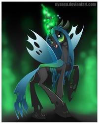 Size: 827x1029 | Tagged: safe, artist:nyaasu, queen chrysalis, changeling, changeling queen, g4, bedroom eyes, crown, fangs, female, glowing horn, horn, jewelry, looking at you, open mouth, pixiv, raised hoof, regalia, signature, smiling, solo, standing, wings