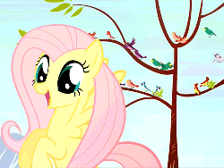 Size: 500x376 | Tagged: safe, screencap, fluttershy, bird, pegasus, pony, friendship is magic, g4, season 1, animated, animation error, female, mare, solo, tree