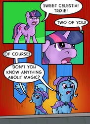 Size: 461x634 | Tagged: safe, artist:rydelfox, trixie, twilight sparkle, g4, atop the fourth wall, linkara, male, parody, superman, superman at earth's end