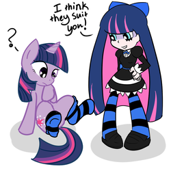 Size: 800x800 | Tagged: safe, artist:flipflop10150, twilight sparkle, angel, pony, unicorn, g4, anarchy stocking, clothes, crossover, duo, panty and stocking with garterbelt, stockinglight, stockings, striped stockings