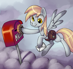Size: 3468x3300 | Tagged: safe, artist:bakemono-san, derpy hooves, pegasus, pony, g4, bag, cloud, cloudy, female, flying, high res, letter, mare, muffin, solo