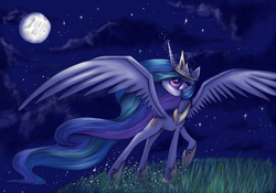 Size: 1200x840 | Tagged: safe, artist:kairaanix, princess celestia, alicorn, pony, g4, female, mare, moon, night, raised hoof, solo, spread wings