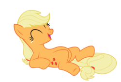 Size: 1221x827 | Tagged: safe, artist:kustren, applejack, earth pony, pony, g4, eyes closed, female, happy, lying down, mare, on back, open mouth, solo