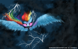 Size: 1920x1200 | Tagged: safe, artist:kairaanix, rainbow dash, g4, duo, fluffy, flying, lightning, mask, spread wings