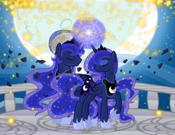 Size: 900x694 | Tagged: dead source, safe, artist:jaquelindreamz, princess luna, alicorn, pony, a canterlot wedding, g4, eyes closed, female, half r63 shipping, horn, horns are touching, lesbian, magic, male, mare, moon, night, prince artemis, raised hoof, rule 63, scene parody, self paradox, self ponidox, selfcest, ship:lunacest, ship:lunartemis, shipping, stallion, straight