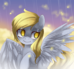 Size: 607x563 | Tagged: safe, artist:loyaldis, derpy hooves, g4, crying, rain, sky, smiling, solo, underp, wet mane