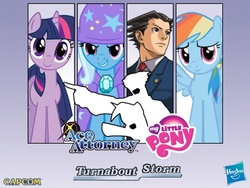Size: 768x576 | Tagged: safe, artist:elbruno3593, rainbow dash, trixie, twilight sparkle, human, turnabout storm, g4, ace attorney, crossover, phoenix wright