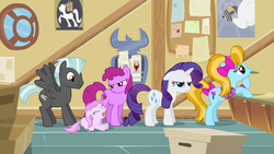 Size: 4000x2250 | Tagged: safe, artist:sigmavirus1, berry punch, berryshine, bulk biceps, iron will, piña colada, rarity, thunderlane, turf, earth pony, pegasus, pony, unicorn, g4, female, filly, floppy ears, foal, i can't believe it's not hasbro studios, male, mare, post office, show accurate, spread wings, stallion, tantrum, wings