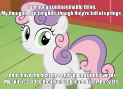 Size: 850x617 | Tagged: safe, edit, edited screencap, screencap, sweetie belle, pony, robot, robot pony, unicorn, g4, automatonic electronic harmonics, blank flank, female, filly, foal, hooves, horn, image macro, solo, song reference, steam powered giraffe, sweetie bot, text