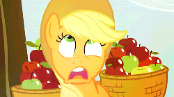 Size: 500x281 | Tagged: safe, screencap, applejack, earth pony, pony, applebuck season, g4, season 1, animated, apple, basket, baskets of apple, faint, female, frown, gif, looking up, mare, open mouth, scattered apples, solo, tree