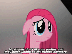 Size: 245x184 | Tagged: safe, edit, edited screencap, screencap, pinkie pie, g4, party of one, animated, caption, cute, cuteamena, female, floppy ears, lonely, pinkamena diane pie, sad, spotlight, talking, zoom out