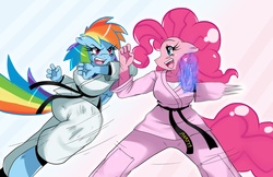 Size: 2253x1464 | Tagged: safe, artist:ss2sonic, pinkie pie, rainbow dash, anthro, g4, black belt, breasts, busty pinkie pie, busty rainbow dash, female, fight, gi, karate