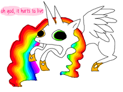 Size: 800x600 | Tagged: safe, artist:espevic, oc, oc only, oc:lunar celestia, alicorn, bicorn, pony, donut steel, eyestrain warning, heterochromia, hoof shoes, horn, joke oc, ms paint, multicolored hair, multiple horns, needs more saturation, no tail, rainbow hair