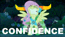 Size: 704x406 | Tagged: safe, artist:friendship-is-not-an-emotion, edit, edited screencap, screencap, fluttershy, pegasus, pony, g4, bull horns, ei, female, gif, grimace, homestuck, horns, mare, non-animated gif, self esteem!!!, tavros nitram