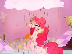 Size: 500x375 | Tagged: safe, screencap, pinkie pie, earth pony, pony, g4, season 2, the return of harmony, animated, chocolate rain, cloud, cotton candy, cotton candy cloud, discorded landscape, female, food, mare, purple sky, solo, tongue out