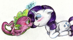 Size: 764x426 | Tagged: safe, artist:thefreebitch, rarity, spike, g4, female, interspecies, male, ship:sparity, shipping, straight, traditional art