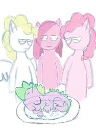 Size: 1200x1600 | Tagged: artist needed, safe, pinkie pie, spike, surprise, g1, g4, g1 to g4, generation leap, pinkamena diane pie, trinity pie