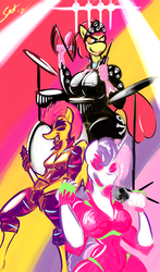 Size: 2893x4910 | Tagged: safe, artist:saliantsunbreeze, apple bloom, scootaloo, sweetie belle, earth pony, anthro, g4, the show stoppers, breasts, busty apple bloom, drums, female, glam metal, glam rock, guitar, hard rock, musical instrument, older, rock (music), rock n' roll, show stopper outfits
