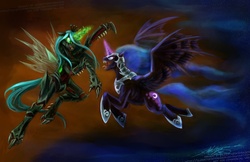 Size: 1600x1035 | Tagged: safe, artist:slifertheskydragon, nightmare moon, queen chrysalis, changeling, changeling queen, g4, crown, epic, ethereal mane, fangs, female, fight, flying, glowing, glowing horn, helmet, horn, jewelry, magic, regalia, transparent wings, wings