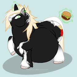 Size: 1000x1000 | Tagged: safe, artist:biglovealicia, oc, oc only, oc:megan, pony, unicorn, burger, fat, female, horn, mare, morbidly obese, obese, ponies eating meat