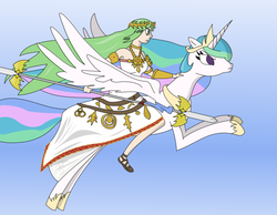 Size: 900x698 | Tagged: safe, artist:papercamm, princess celestia, g4, crossover, flying, frown, glare, humans riding ponies, kid icarus, kid icarus: uprising, majestic, palutena, riding, spear, spread wings