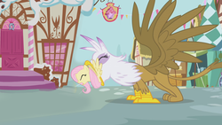 Size: 640x360 | Tagged: safe, artist:capnpea, edit, edited screencap, screencap, fluttershy, gilda, griffon, g4, griffon the brush off, carnivore, flutterprey, food chain, gildapred, griffons doing griffon things, mythologically accurate, predation, predator, prey, vore