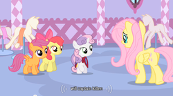 Size: 640x355 | Tagged: safe, edit, edited screencap, screencap, apple bloom, fluttershy, scootaloo, sweetie belle, pegasus, pony, unicorn, g4, butt, caption, female, filly, foal, horn, mannequin, mare, plot, text, youtube caption