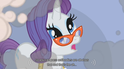 Size: 640x355 | Tagged: safe, edit, edited screencap, screencap, rarity, pony, g4, caption, female, glasses, mare, measuring tape, rarity's glasses, solo, text, youtube caption