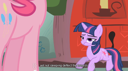 Size: 640x355 | Tagged: safe, screencap, pinkie pie, twilight sparkle, earth pony, unicorn, g4, candle, door, golden oaks library, lying down, youtube caption