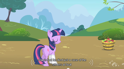 Size: 640x355 | Tagged: safe, edit, edited screencap, screencap, twilight sparkle, pony, unicorn, feeling pinkie keen, g4, apple, bandage, bucket, butt, female, food, injured, mare, messy mane, plot, solo, tree, youtube caption