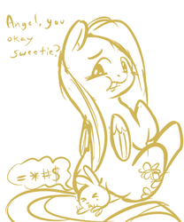 Size: 500x600 | Tagged: safe, artist:mt, angel bunny, fluttershy, g4, chubby, female, male, monochrome, plump