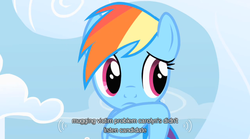 Size: 640x355 | Tagged: safe, screencap, rainbow dash, pegasus, pony, g4, sonic rainboom (episode), cloud, solo, youtube caption