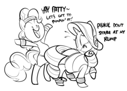 Size: 1025x740 | Tagged: safe, artist:ross irving, pinkie pie, rarity, earth pony, pony, unicorn, g4, bipedal, exercise, eyes on the prize, fat, female, mare, monochrome, the ass was fat, workout