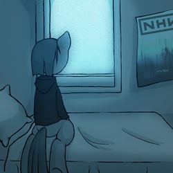 Size: 1280x1280 | Tagged: safe, artist:lonelycross, marble pie, ask lonely inky, g4, bed, clothes, hoodie, kneeling, lonely inky, looking out the window, nine inch nails, poster, window