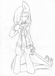 Size: 872x1200 | Tagged: safe, artist:lonelycross, marble pie, earth pony, pony, g4, bipedal, clothes, collar, disney, eating, female, food, hair over one eye, jacket, keyblade, kingdom hearts, mare, monochrome, popsicle, shirt, solo