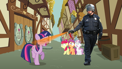 Size: 1244x700 | Tagged: safe, apple bloom, scootaloo, sweetie belle, twilight sparkle, human, g4, cutie mark crusaders, irl, irl human, john pike, pepper spray, pepper spray cop, photo, police officer, scared, twilybuse