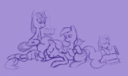 Size: 1200x713 | Tagged: safe, artist:lowkey, pinkie pie, rainbow dash, scootaloo, sweetie belle, twilight sparkle, earth pony, pegasus, pony, unicorn, g4, female, filly, foal, mare, sleeping