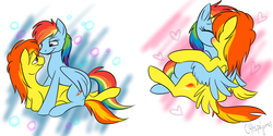 Size: 1500x750 | Tagged: source needed, safe, artist:calicopikachu, rainbow dash, spitfire, pegasus, pony, g4, blushing, duo, female, heart, kissing, lesbian, mare, ship:spitdash, shipping, simple background, white background