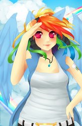 Size: 900x1380 | Tagged: safe, artist:amethystheart14, rainbow dash, human, g4, cloud, cloudy, eared humanization, female, humanized, rainbow, solo, winged humanization