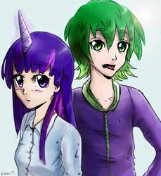 Size: 549x600 | Tagged: safe, artist:rikkutakedo, spike, twilight sparkle, g4, horn, horned humanization, humanized, older