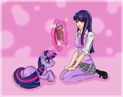 Size: 900x709 | Tagged: safe, artist:lucyhikarikitsune, twilight sparkle, human, pony, g4, clothes, human ponidox, humanized, magic, skirt