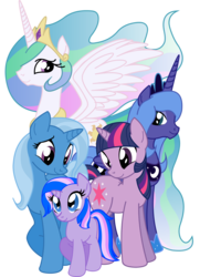 Size: 2378x3290 | Tagged: safe, artist:inkwell, princess celestia, princess luna, trixie, twilight sparkle, oc, oc:midnight, alicorn, pony, unicorn, fanfic:out in the cold, g4, female, filly, foal, high res, lesbian, luxie, magical lesbian spawn, mama twilight, mare, offspring, parent:princess luna, parent:trixie, parent:twilight sparkle, parents:luxie, parents:twiluna, parents:twixie, s1 luna, ship:twiluna, ship:twixie, shipping, simple background, transparent background, unicorn twilight
