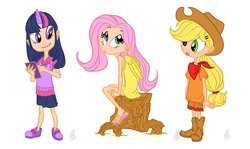 Size: 1173x700 | Tagged: safe, artist:carnifex, applejack, fluttershy, twilight sparkle, human, g4, clothes, dress, hat, horn, horned humanization, humanized, sandals, skinny, skirt, thin, winged humanization, younger