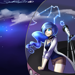 Size: 3000x3000 | Tagged: safe, artist:spittfireart, princess luna, human, g4, astronomy, breasts, cleavage, clothes, cloud, constellation, female, hair over one eye, high res, humanized, lab coat, looking up, night, smiling, solo, telescope
