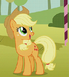 Size: 279x310 | Tagged: safe, screencap, applejack, earth pony, pony, fall weather friends, g4, season 1, animated, applejack's hat, blinking, cowboy hat, cropped, cute, female, happy, hat, hoofy-kicks, horses doing horse things, jackabetes, mare, open mouth, rearing, smiling, solo, talking