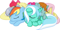 Size: 953x484 | Tagged: safe, artist:moongazeponies, apple bloom, derpy hooves, fluttershy, lyra heartstrings, pinkie pie, rainbow dash, snips, pegasus, pony, unicorn, g4, cuddle puddle, cuddling, female, mare, pony pile, simple background, sleeping, transparent background