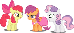 Size: 7214x3268 | Tagged: safe, artist:abion47, apple bloom, scootaloo, sweetie belle, earth pony, pegasus, pony, unicorn, picture perfect pony, g4, absurd resolution, apple bloom's bow, bow, clothes, cutie mark crusaders, dress, female, filly, foal, hair bow, laughing, scootaloo is not amused, simple background, transparent background, unamused, vector
